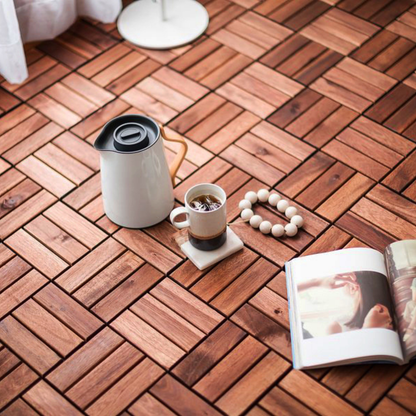 20 PCS Interlocking Deck Tiles Checker Pattern, 12" x 12" Square Acacia Hardwood Outdoor Flooring for Patio, Bancony, Pool Side,...