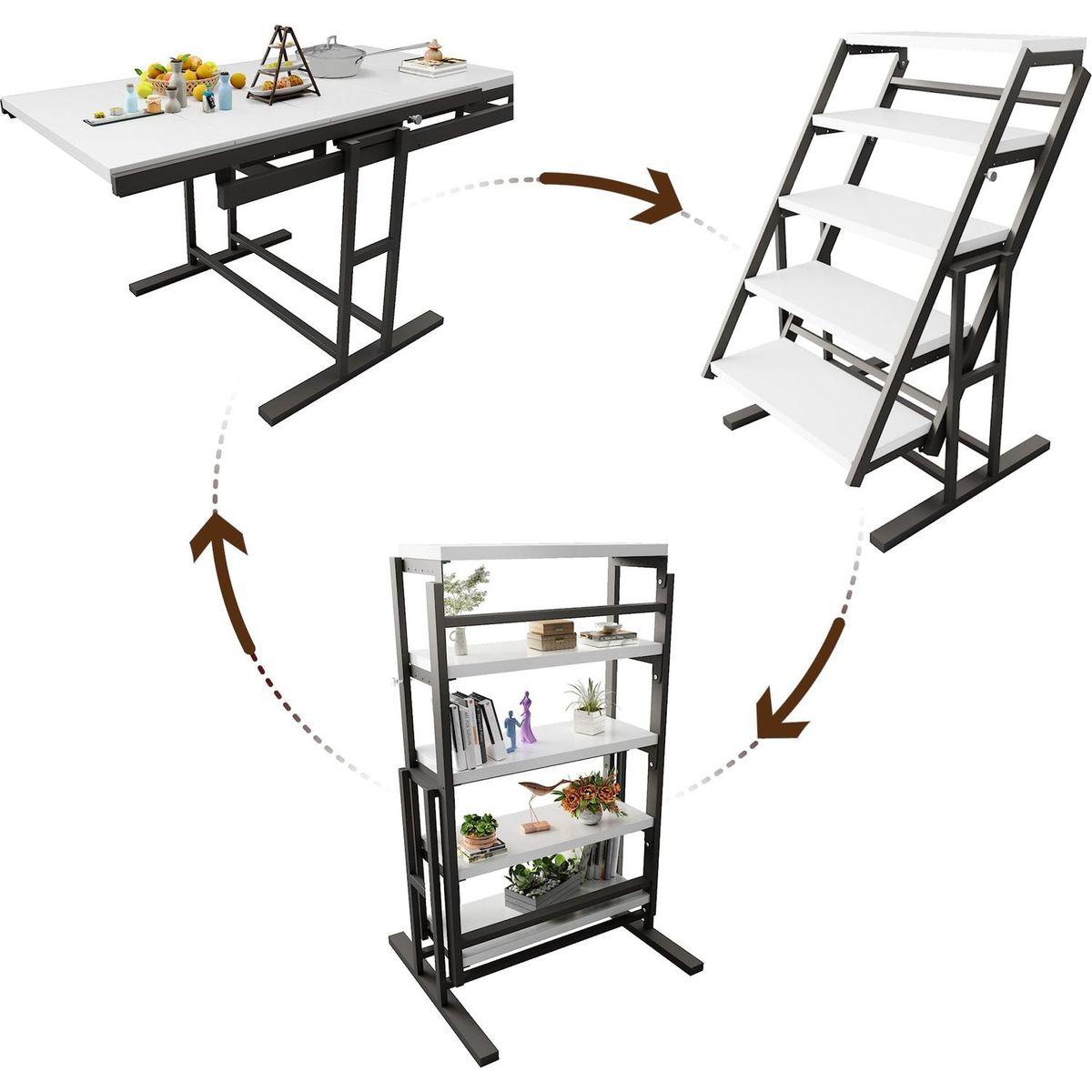 Solid Mahogany Wood Multifunction Convertible Dining Table,Free Switch Space Saving Table Shelf for Home and Studio, White Finish