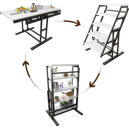 Solid Mahogany Wood Multifunction Convertible Dining Table,Free Switch Space Saving Table Shelf for Home and Studio, White Finish