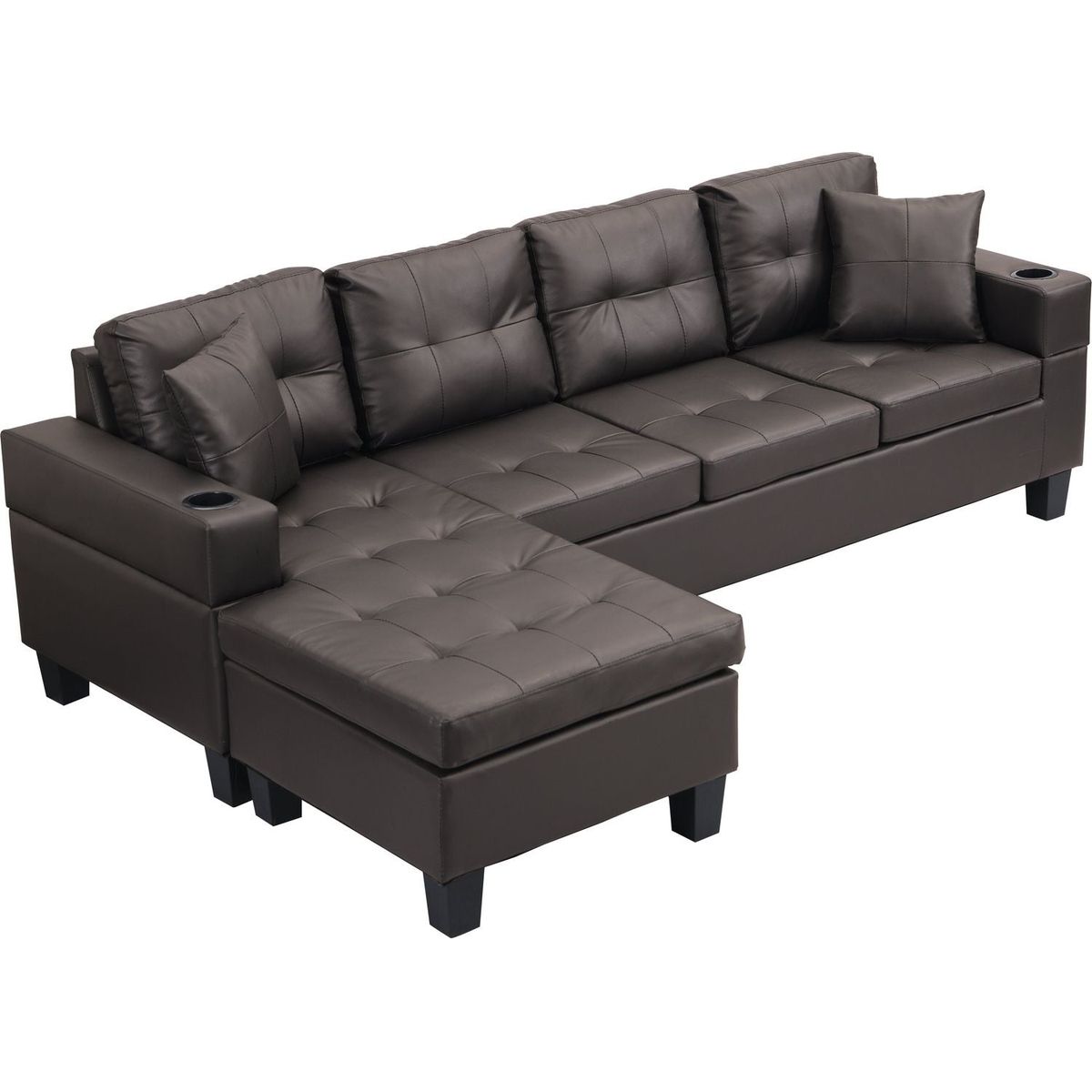 Sectional Sofa Set for Living Room with L Shape Chaise Lounge, cup holder and Left or Right Hand Chaise Modern 4 Seat (Chocolate brown)