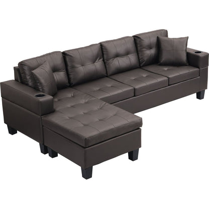 Sectional Sofa Set for Living Room with L Shape Chaise Lounge, cup holder and Left or Right Hand Chaise Modern 4 Seat (Chocolate brown)