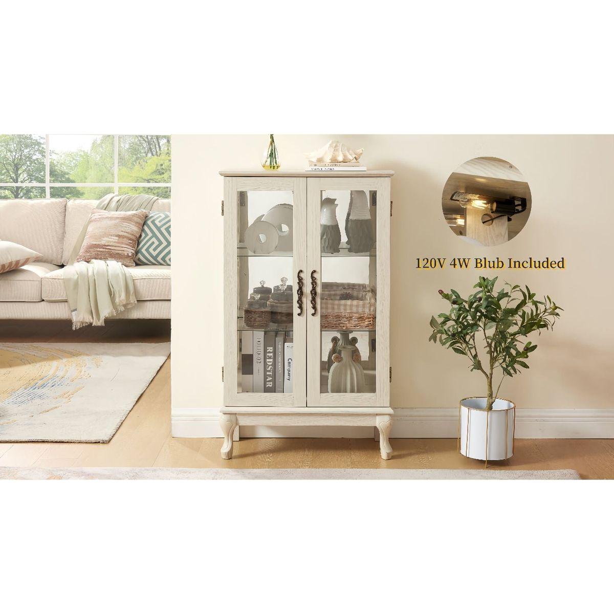 2 Doors Curio Cabinet with Tempered Glass Doors, Curio Cabinets with Mirrored Back Panel and Adjustable Shelves, Lighted Display Cabinet for Home, Office Light Bulb Included White
