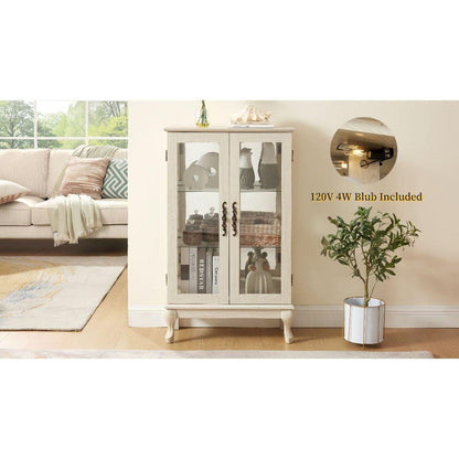 2 Doors Curio Cabinet with Tempered Glass Doors, Curio Cabinets with Mirrored Back Panel and Adjustable Shelves, Lighted Display Cabinet for Home, Office Light Bulb Included White