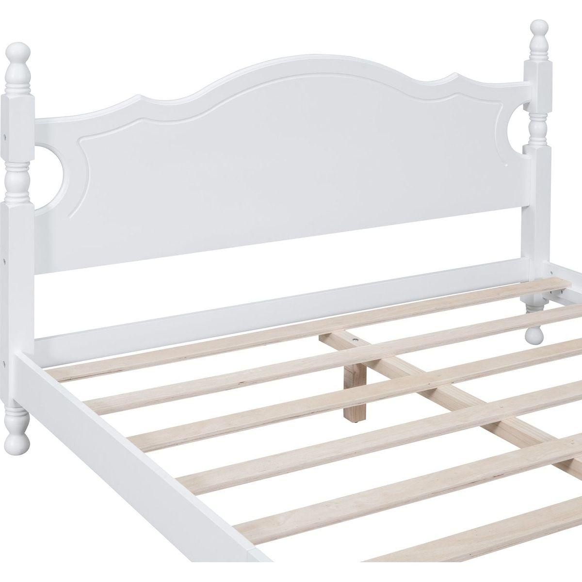 Queen Size Wood Platform Bed Frame,Retro Style Platform Bed with Wooden Slat Support,White