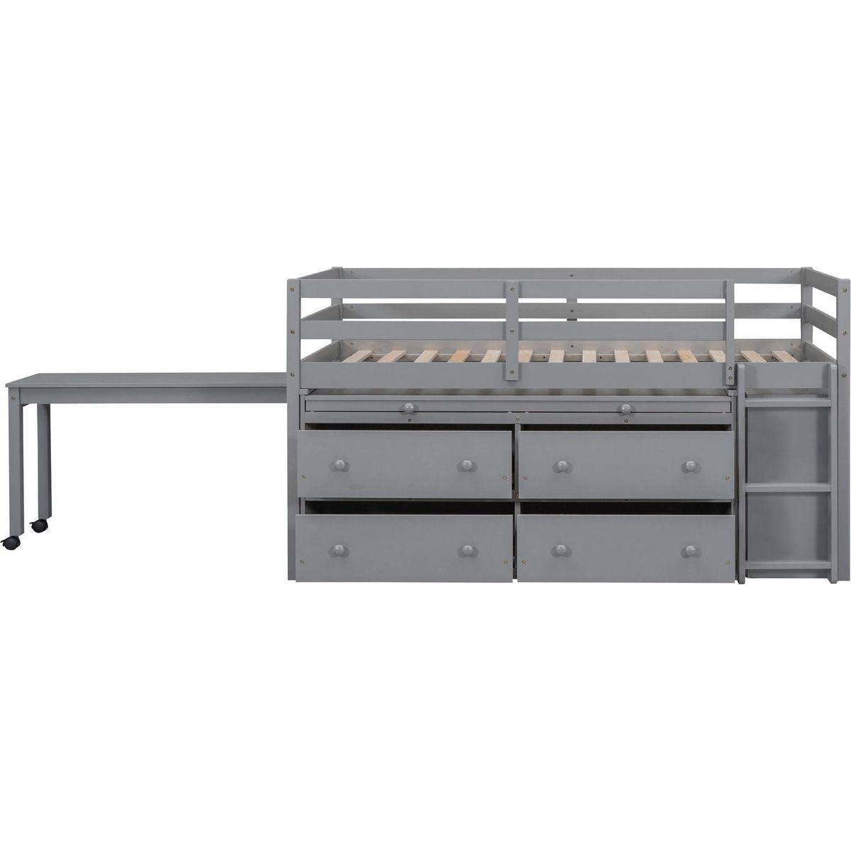 Twin Size Loft Bed with Retractable Writing Desk and 4 Drawers, Wooden Loft Bed with Lateral Portable Desk and Shelves, Gray