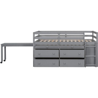 Twin Size Loft Bed with Retractable Writing Desk and 4 Drawers, Wooden Loft Bed with Lateral Portable Desk and Shelves, Gray