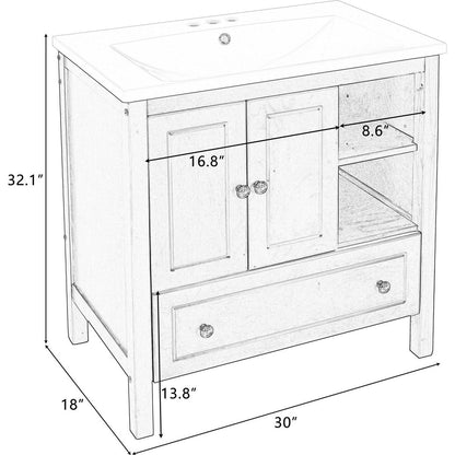 30" Bathroom Vanity with Sink, Bathroom Storage Cabinet with Doors and Drawers, Solid Wood Frame, Ceramic Sink, Grey