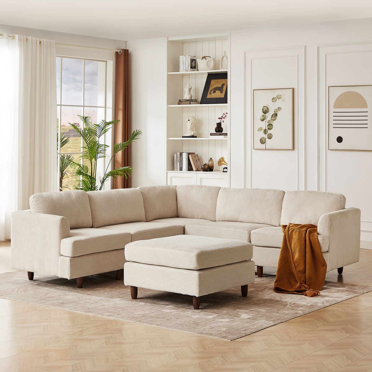 Modern Modular Sectional couch,6 Seaters Sleeper Sofa Upholstered Corduroy Free Combination Sofa(Beige)