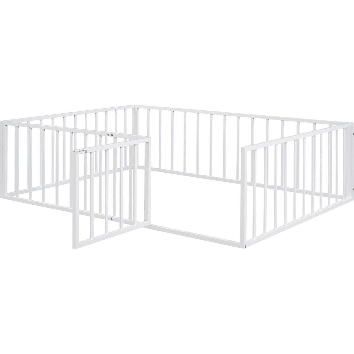 Full Size Metal Floor Bed Frame with Fence and Door, White