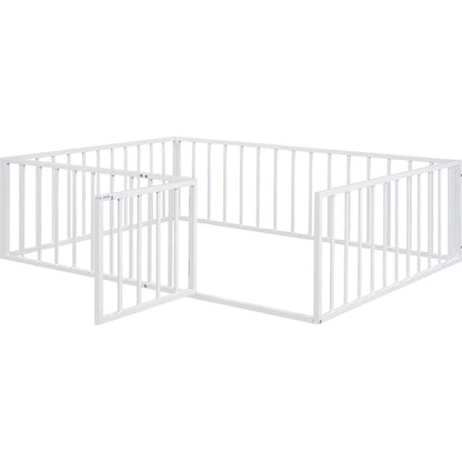 Full Size Metal Floor Bed Frame with Fence and Door, White
