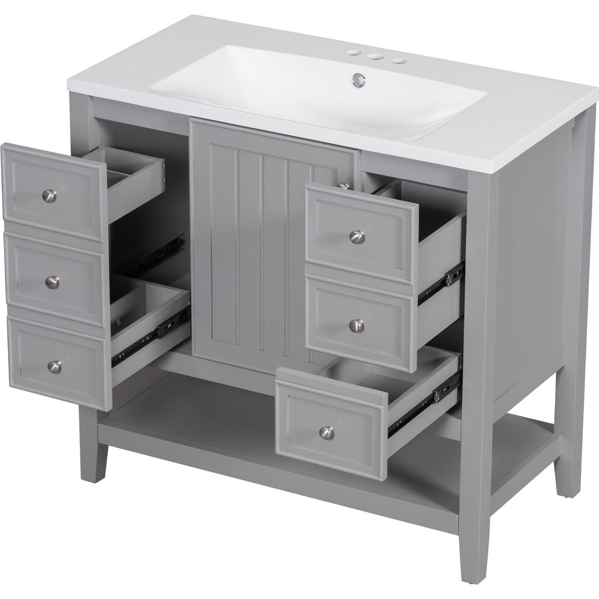 36" Bathroom Vanity with Sink Combo, One Cabinet and Three Drawers, Solid Wood and MDF Board, Grey