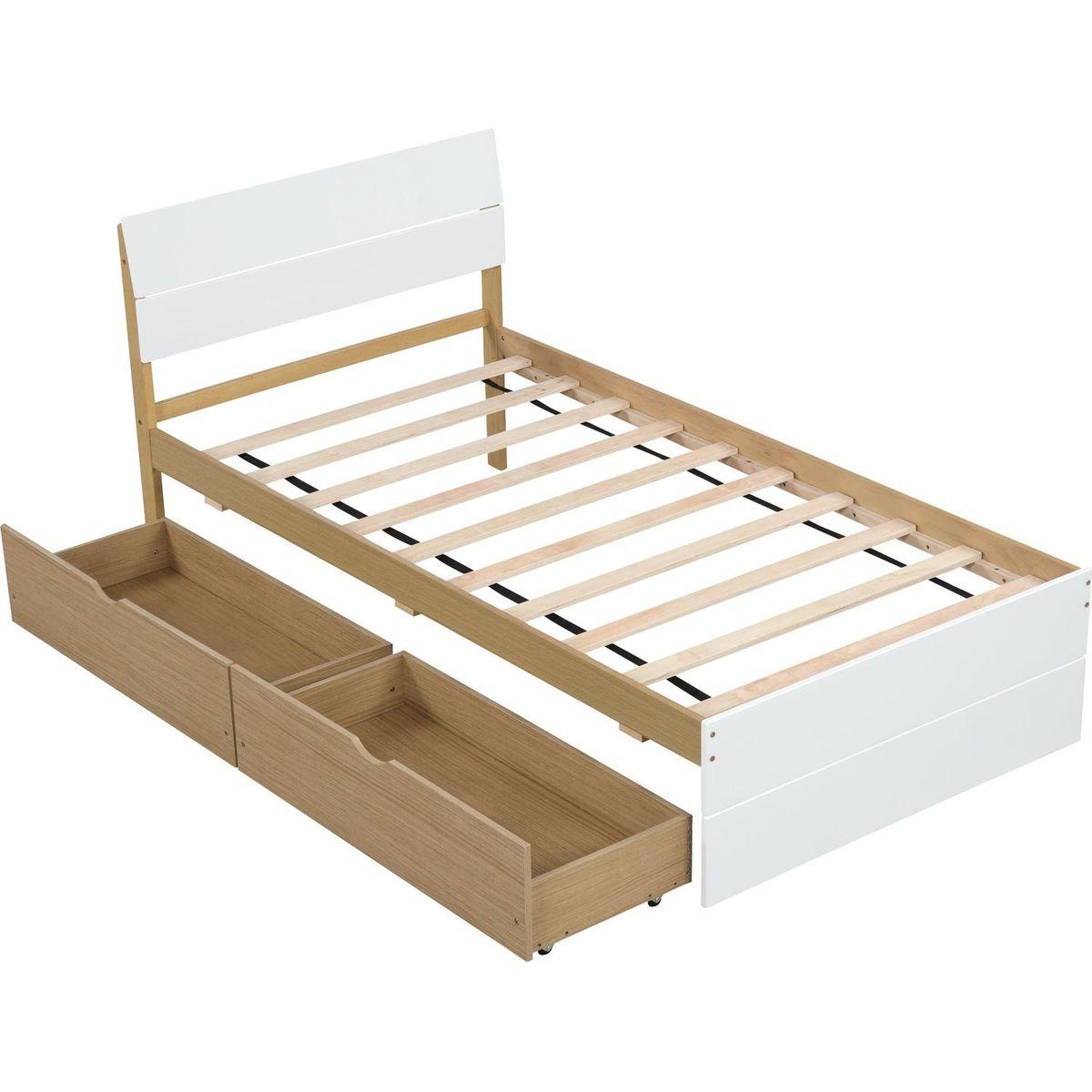 Modern Twin Bed Frame With 2 Drawers For White High Gloss Headboard and Footboard With Light Oak Color