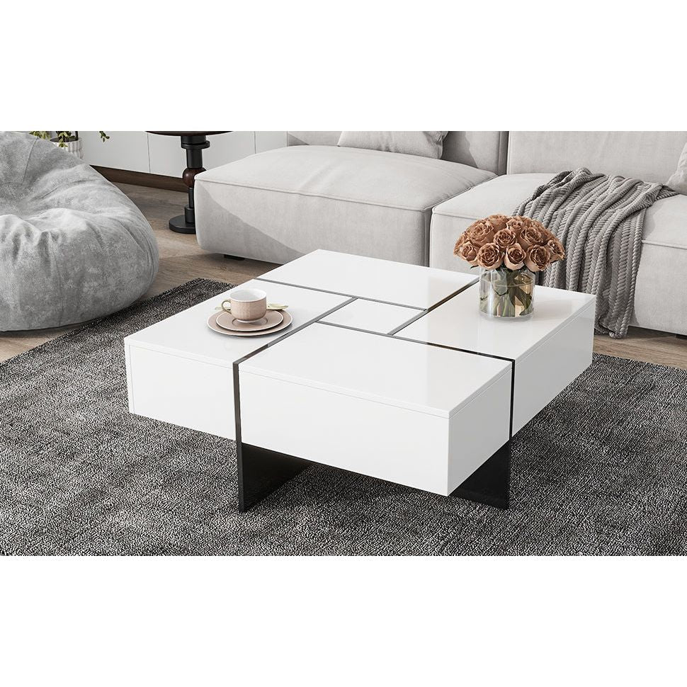 Unique Design Coffee Table with 4 Hidden Storage Compartments, Square Cocktail Table with Extendable Sliding Tabletop, UV High-gloss Design Center Table for Living Room, 31.5"x 31.5"