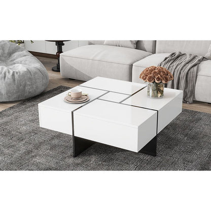 Unique Design Coffee Table with 4 Hidden Storage Compartments, Square Cocktail Table with Extendable Sliding Tabletop, UV High-gloss Design Center Table for Living Room, 31.5"x 31.5"