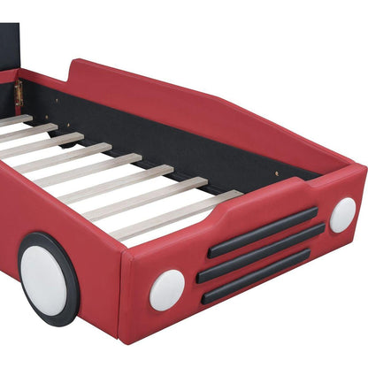 Twin Size Race Car-Shaped Platform Bed with Wheels,Red