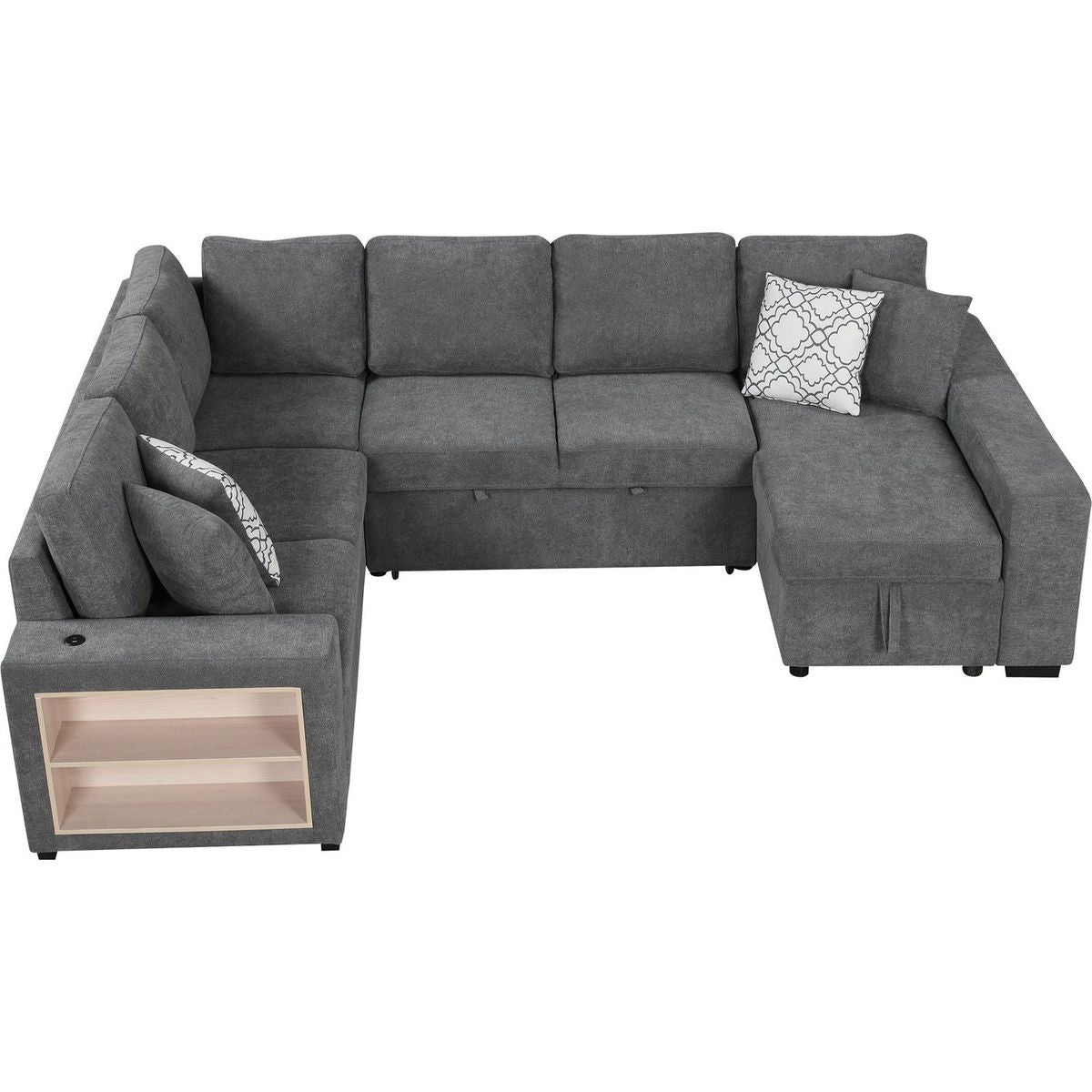 109" U-shaped Sectional Sofa Pull-out Sofa Bed with Two USB Ports, a Storage Chaise Lounge and Four Back Pillows for Living Room, Grey