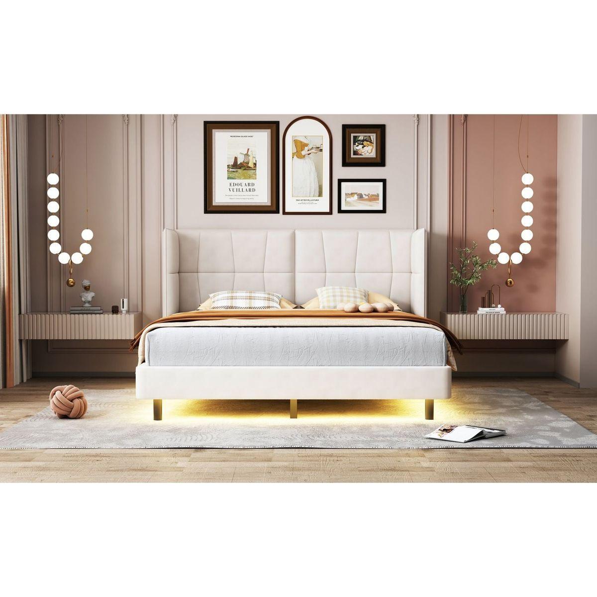 Queen Size Upholstered Platform Bed with LED Lights and U-Shaped Headboard, Linen Fabric, Beige