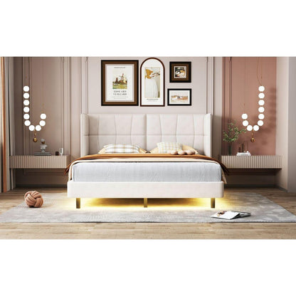 Queen Size Upholstered Platform Bed with LED Lights and U-Shaped Headboard, Linen Fabric, Beige