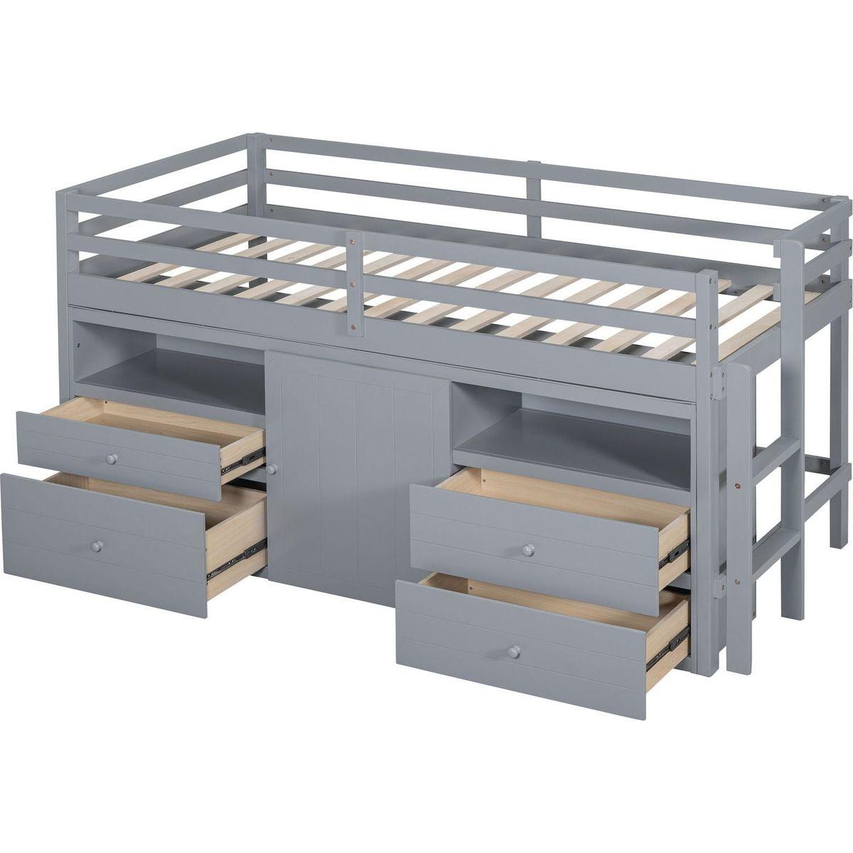 Twin Size Loft Bed with 4 Drawers, Underneath Cabinet and Shelves, Gray