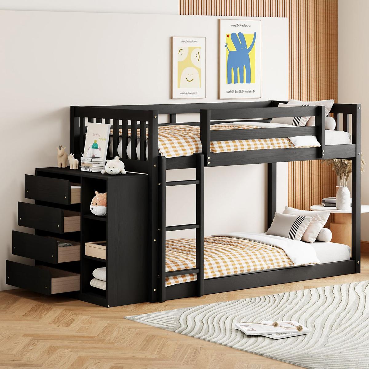 Twin over Twin Bunk Bed with 4 Drawers and 3 Shelves-Espresso