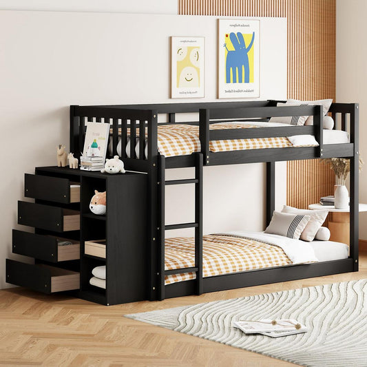 Twin over Twin Bunk Bed with 4 Drawers and 3 Shelves-Espresso