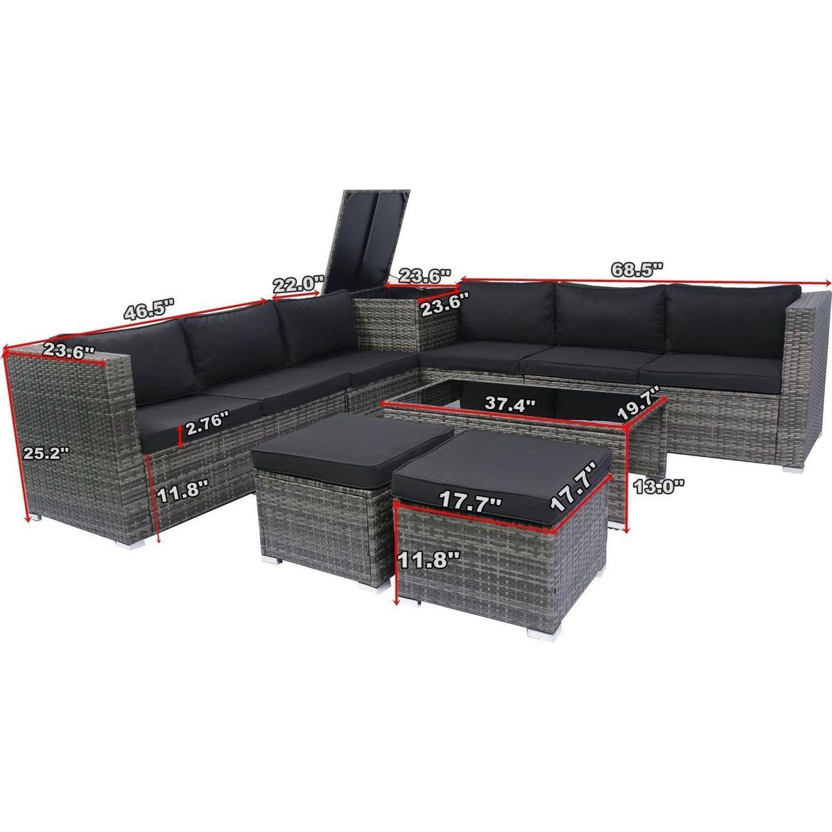 8 Piece Patio Sectional Wicker Rattan Outdoor Furniture Sofa Set with One Storage Box Under Seat and Cushion Box Grey wicker + Black Cushion + Clear Glass Top