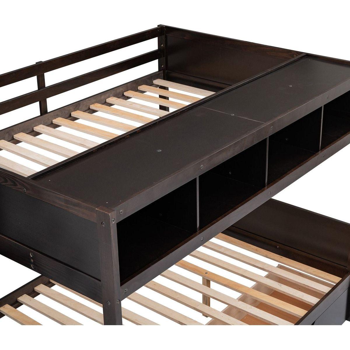 Twin over Full Bunk Bed with Shelfs, Storage Staircase and 2 Drawers, Espresso