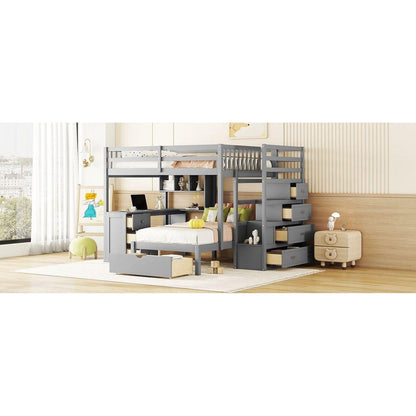 Full Over Twin Bunk Bed with Desk, Drawers and Shelves, Gray