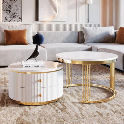 Modern 2 Pieces White Round Nesting Coffee Table with Drawers in 27.6"