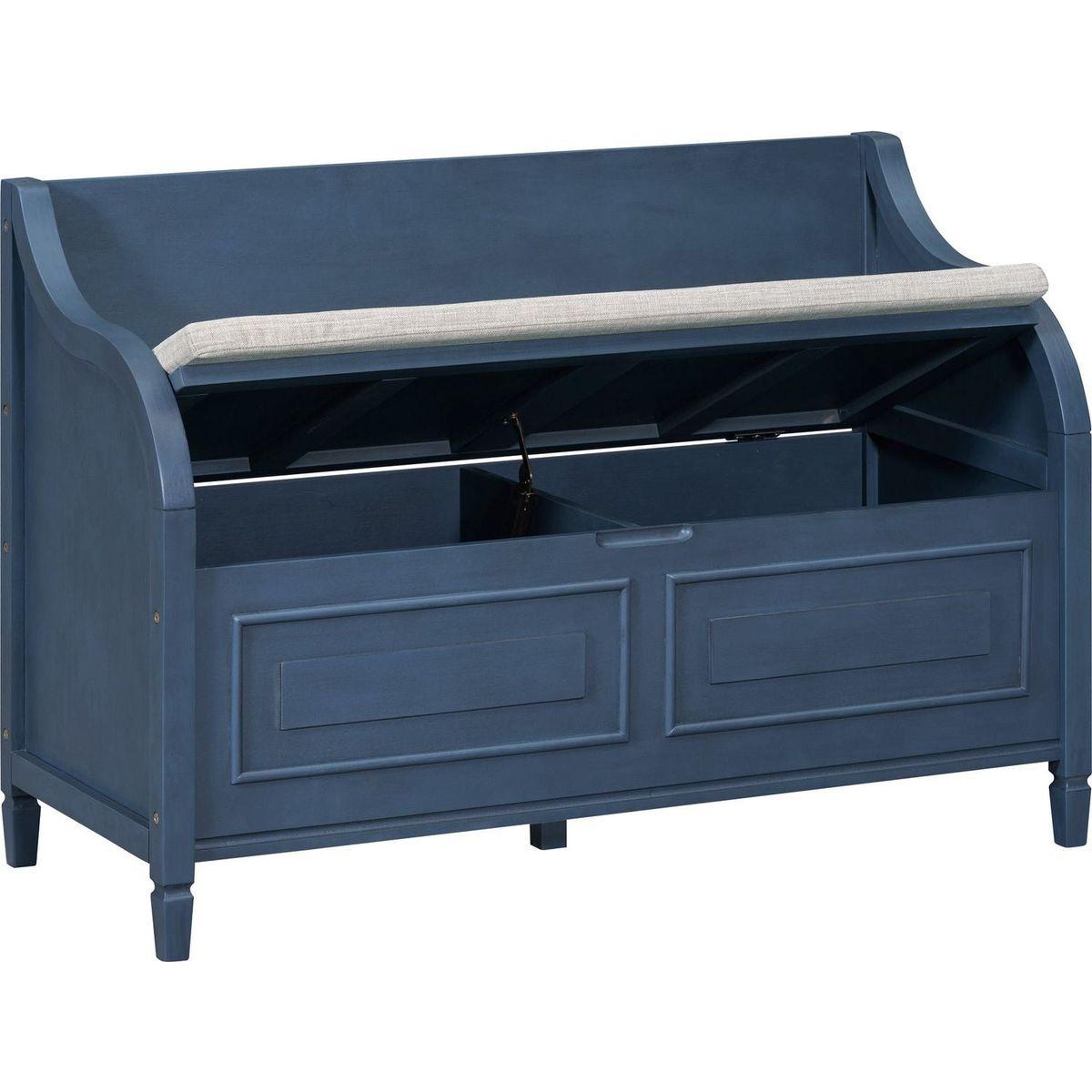 Rustic Style Solid wood Entryway Multifunctional Storage Bench with Safety Hinge (Antique Navy+ Beige)