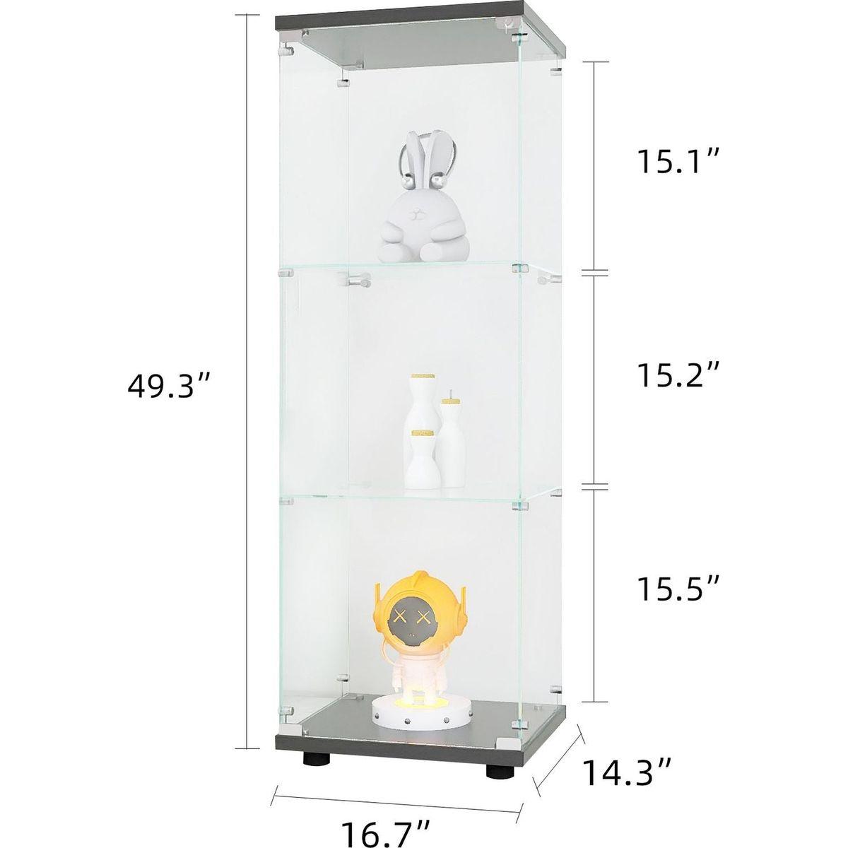 Glass Display Cabinet with 3 Shelves, One-Door Curio Cabinets for Living Room, Bedroom, Office, Black Floor Standing Glass Bookshelf, Quick Installation