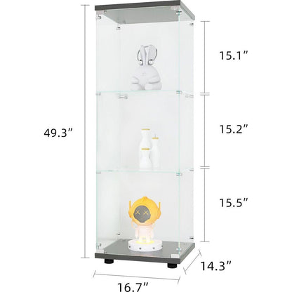 Glass Display Cabinet with 3 Shelves, One-Door Curio Cabinets for Living Room, Bedroom, Office, Black Floor Standing Glass Bookshelf, Quick Installation
