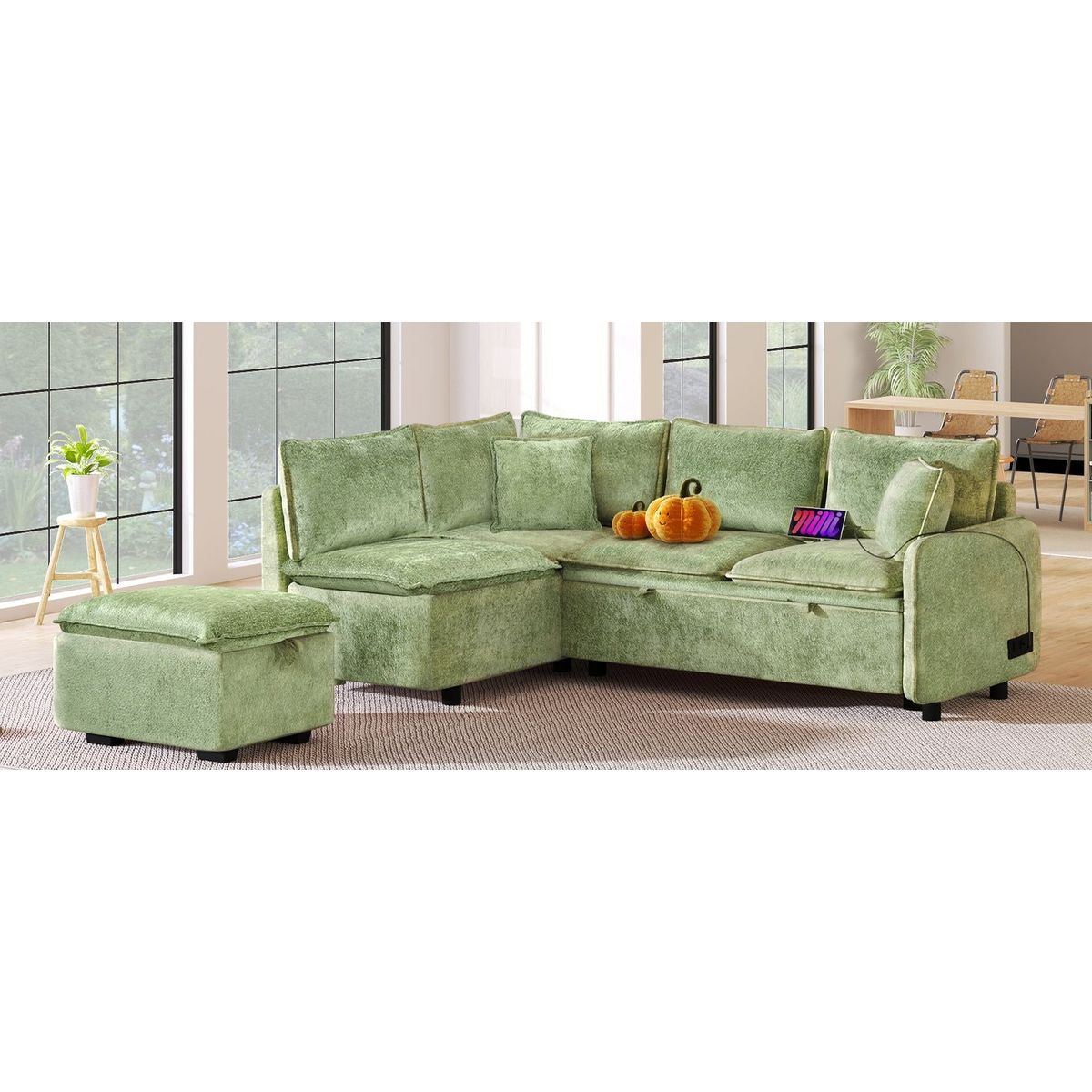 82.67"Convertible Sofa Bed Sectional Sofa Sleeper L-shaped Sofa with a Storage Ottoman,Two Pillows, Two Power Sockets and Two USB Ports for Living Room, Green