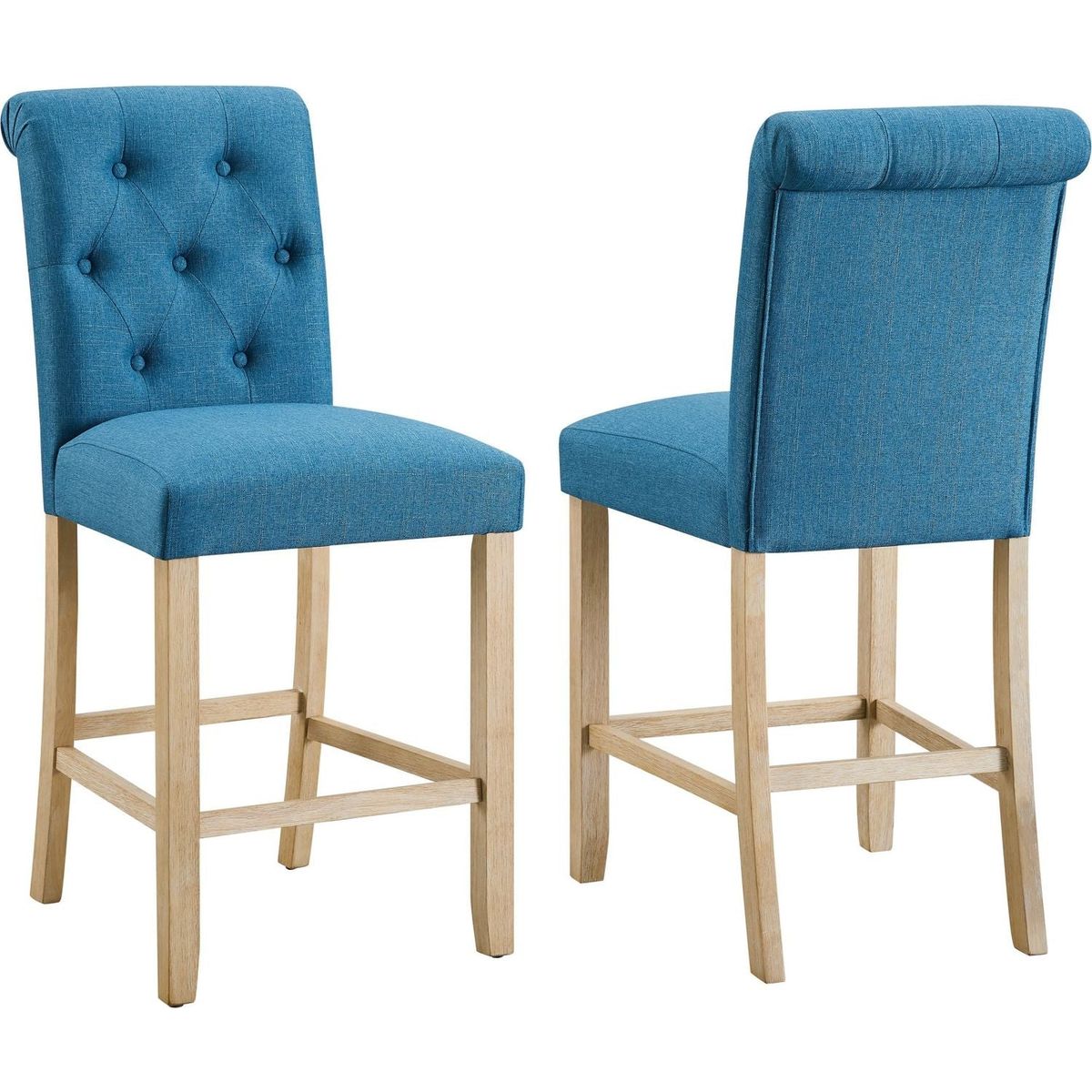 Siena Counter Height Button Tufted Back Solid Wood Stools, Set of 2, Blue