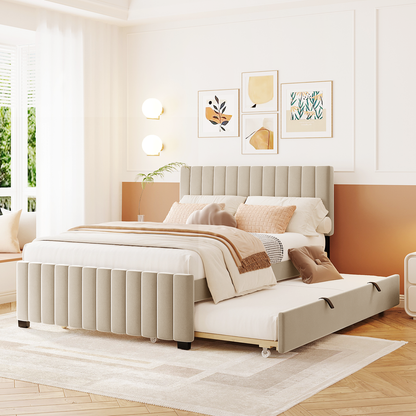 Full Size Velvet Upholstered Platform Bed with Twin Size Trundle, Beige