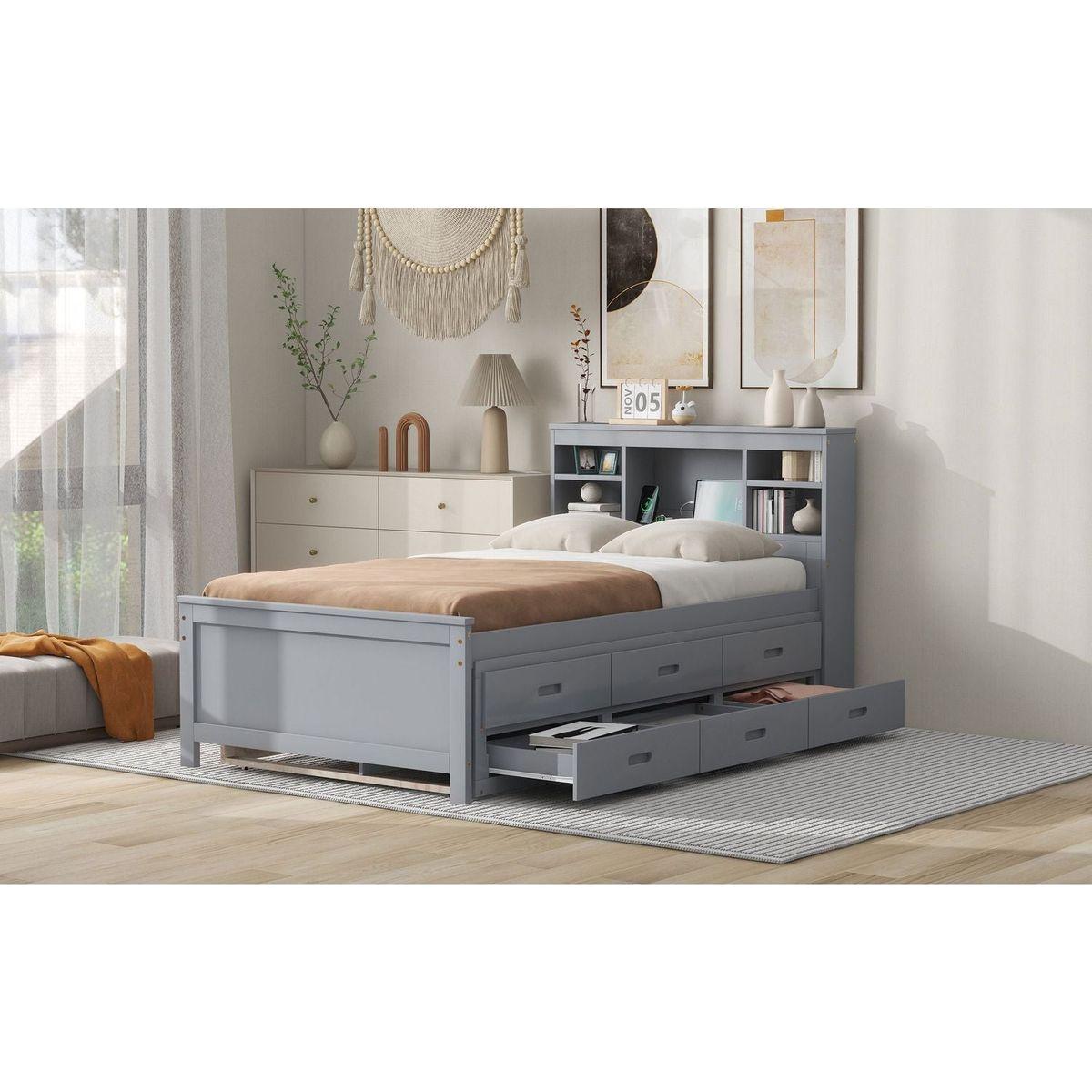 Twin Size Platform Bed with Storage Headboard, USB, Twin Size Trundle and 3 Drawers, Gray
