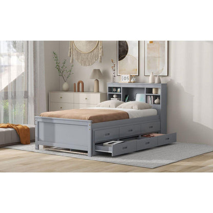 Twin Size Platform Bed with Storage Headboard, USB, Twin Size Trundle and 3 Drawers, Gray