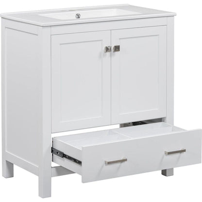 30" White Bathroom Vanity with Single Sink, Combo Cabinet Undermount Sink, Bathroom Storage Cabinet with 2 Doors and a Drawer, Soft Closing, Multifunctional Storage, Solid Wood Frame