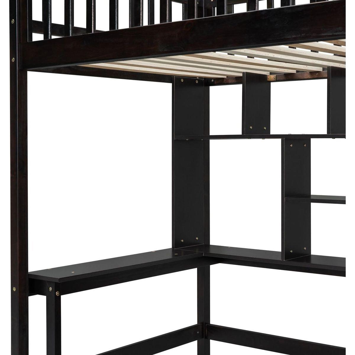Twin size Loft Bed with Bookshelf,Drawers,Desk,and Wardrobe-Espresso