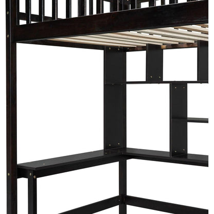Twin size Loft Bed with Bookshelf,Drawers,Desk,and Wardrobe-Espresso