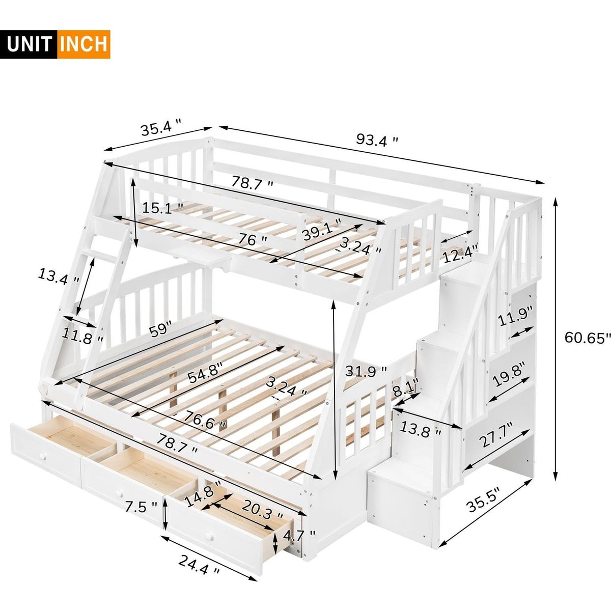 Twin-Over-Full Bunk Bed with Drawers氓Ladder and Storage Staircase, White