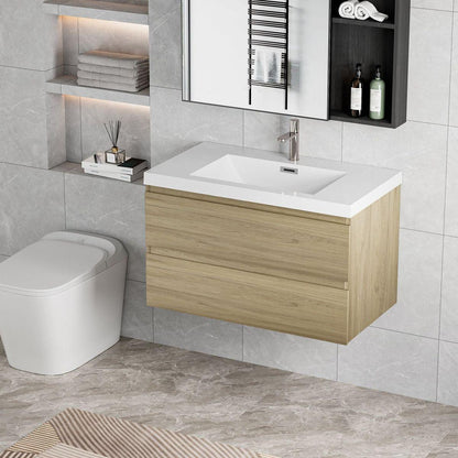 36" Floating Bathroom Vanity with Sink, Modern Wall-Mounted Bathroom Storage Vanity Cabinet with Resin Top Basin and Soft Close Drawers, Natural Oak