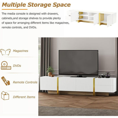 Luxury Fluted TV Stand for TVs Up to 80", Modern Entertainment Center with Storage Cabinets & Drawers, Smooth Media Console with Golden Wood Grain Legs for Living Room, White