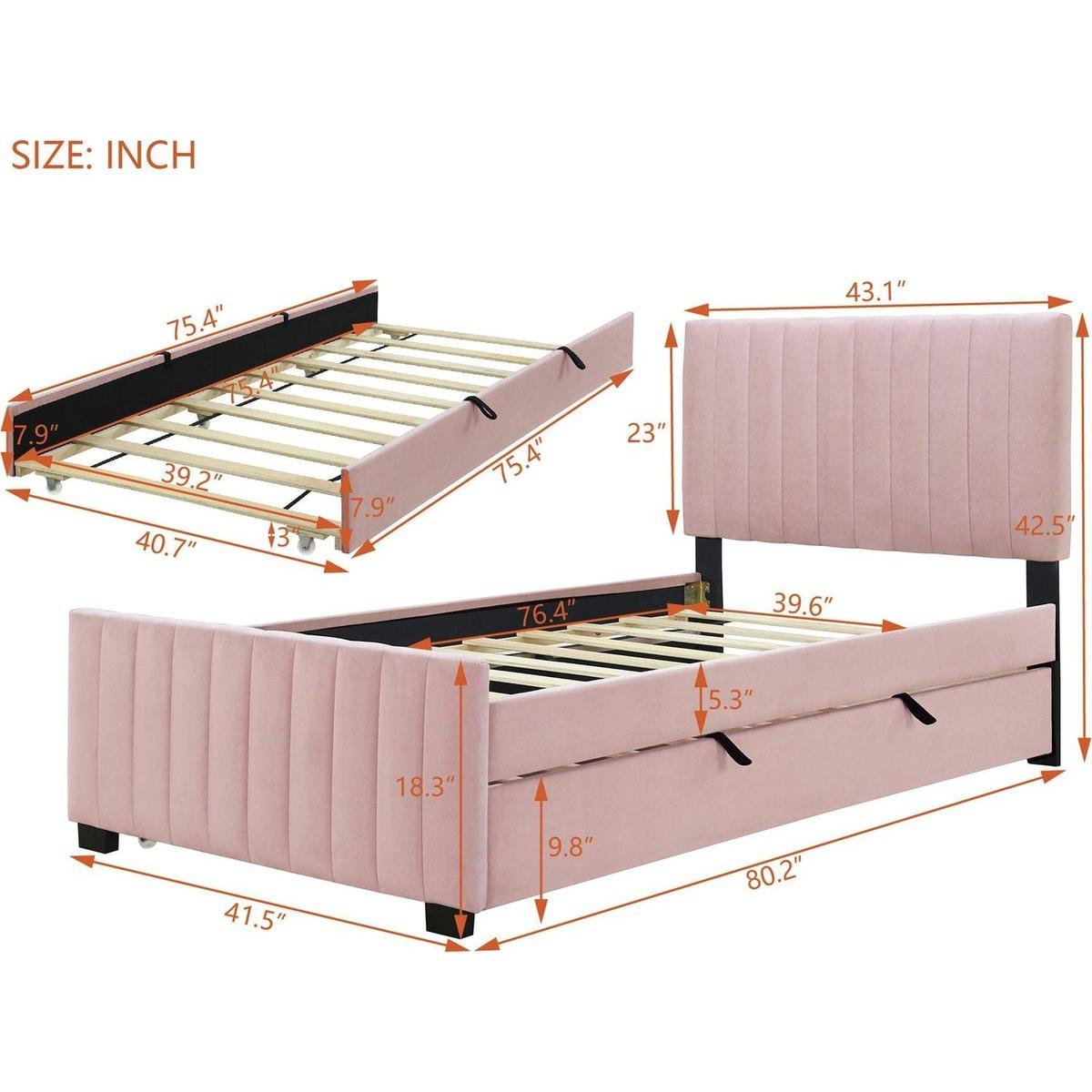 Twin Size Velvet Upholstered Platform Bed with Twin Size Trundle, Pink