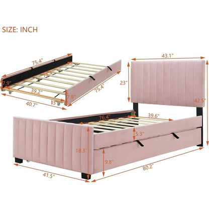 Twin Size Velvet Upholstered Platform Bed with Twin Size Trundle, Pink