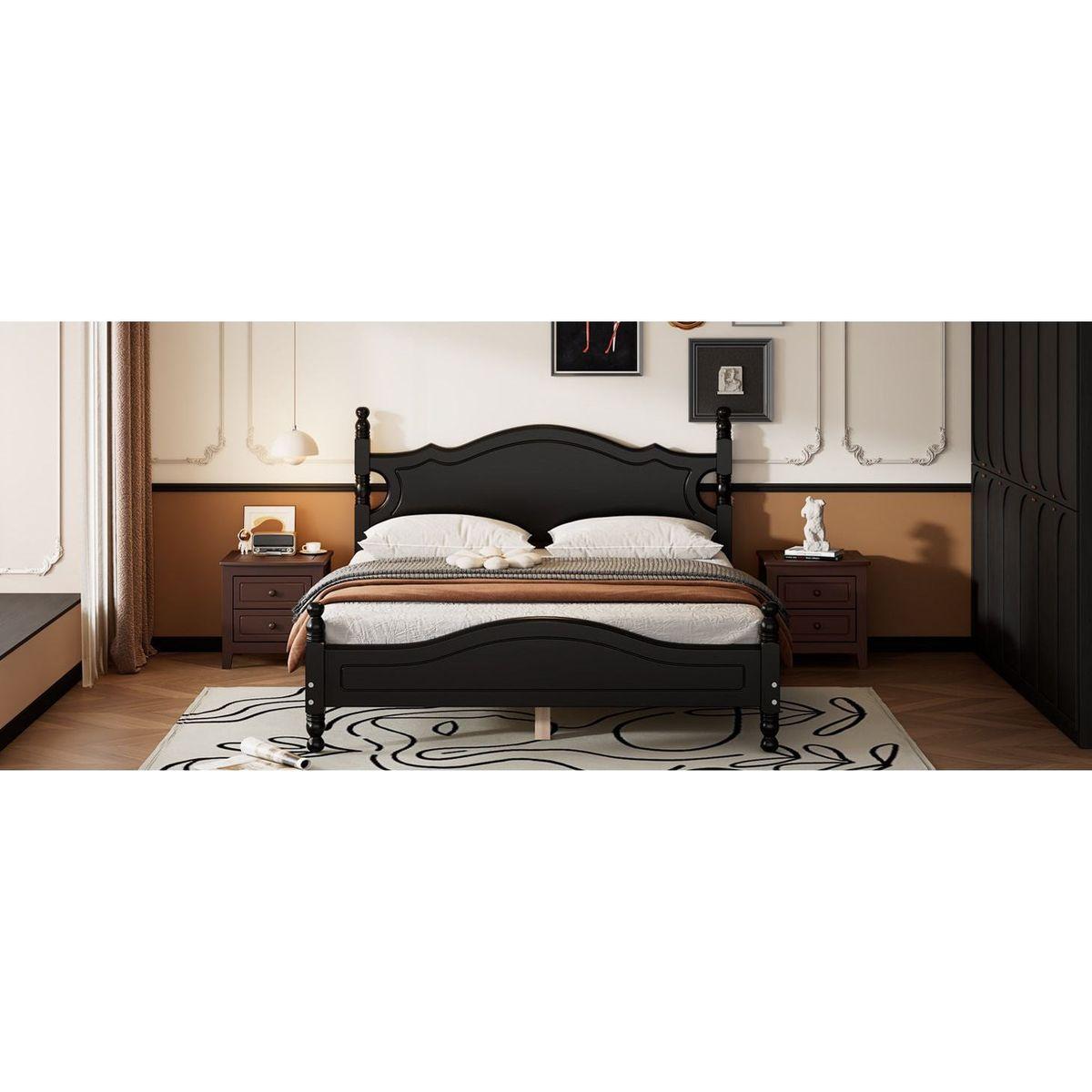 Queen Size Wood Platform Bed Frame,Retro Style Platform Bed with Wooden Slat Support,Black