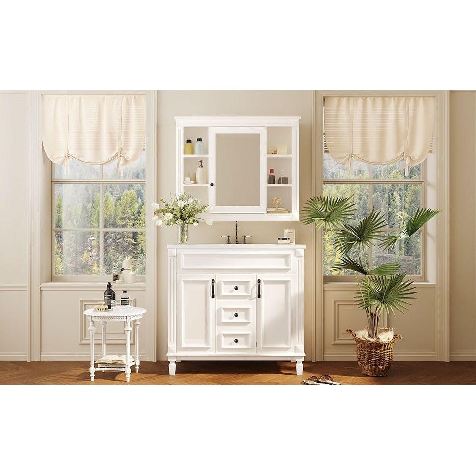 36" Bathroom Vanity with Top Sink, White Mirror Cabinet, Modern Bathroom Storage Cabinet with 2 Soft Closing Doors and 2 Drawers, Single Sink Bathroom Vanity