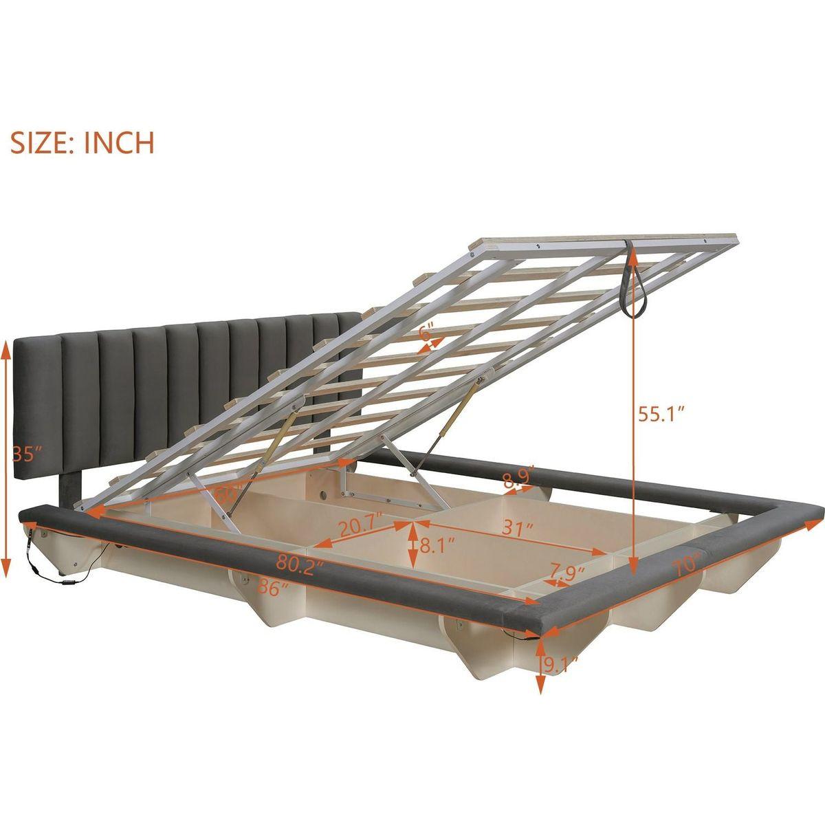 Queen Size Upholstered Floating Bed with LED Light and USB Port, Velvet, Gray, Hydrualic Platform Bed