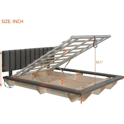 Queen Size Upholstered Floating Bed with LED Light and USB Port, Velvet, Gray, Hydrualic Platform Bed