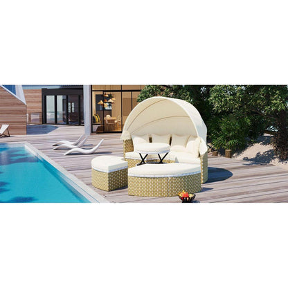 Patio Furniture Round Outdoor Sectional Sofa Set Rattan Daybed Two-Tone Weave Sunbed with Retractable Canopy, Separate Seating and Removable Cushion, Beige